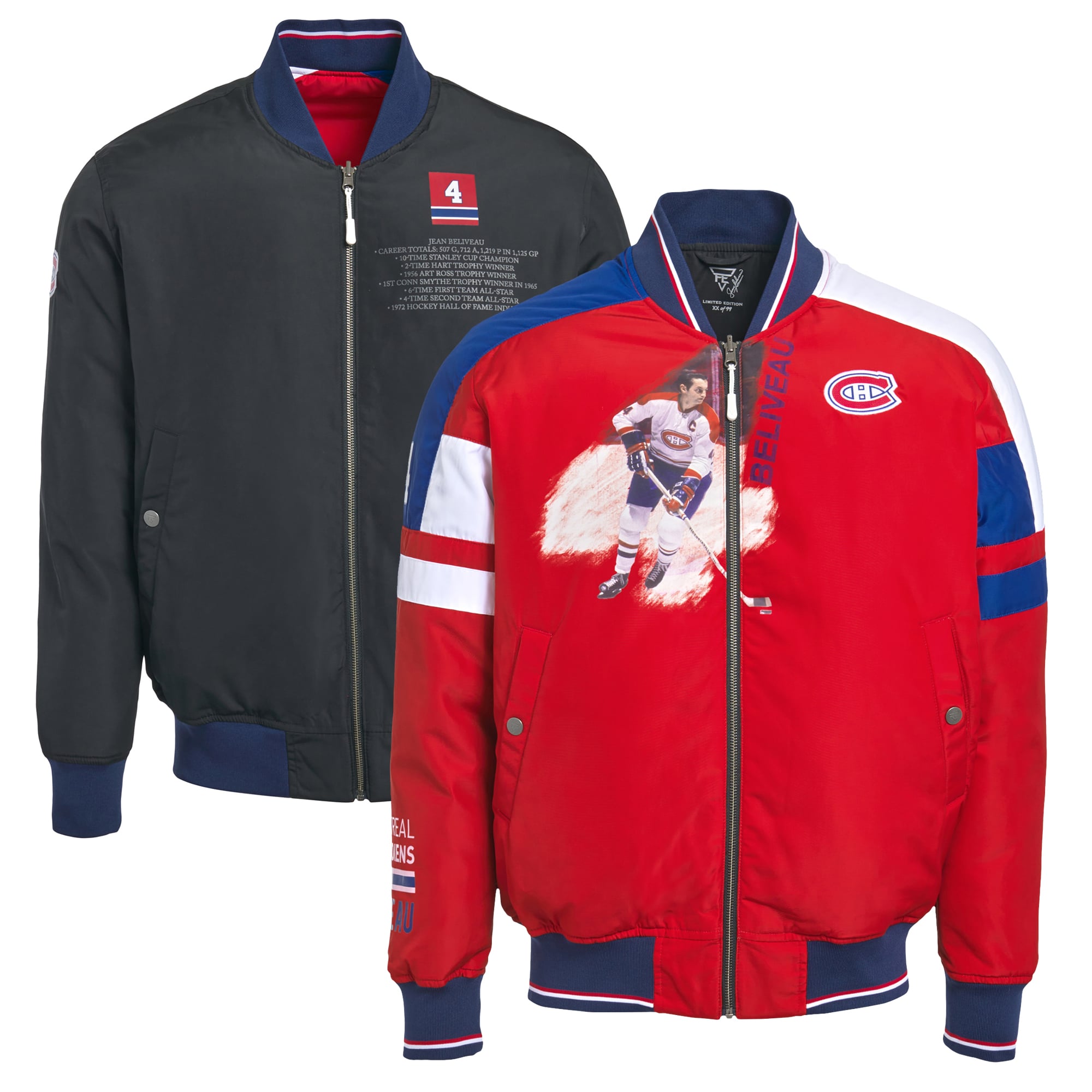 Veste bomber réversible à fermeture éclair intégrale FE Jean Beliveau rouge/noir pour homme, des Canadiens de Montréal